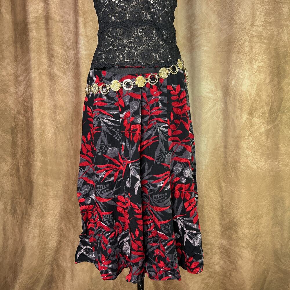 Floral Whimsigoth Skirt Midi Red Black Gray Foliage Pattern Boho Goth Tropical